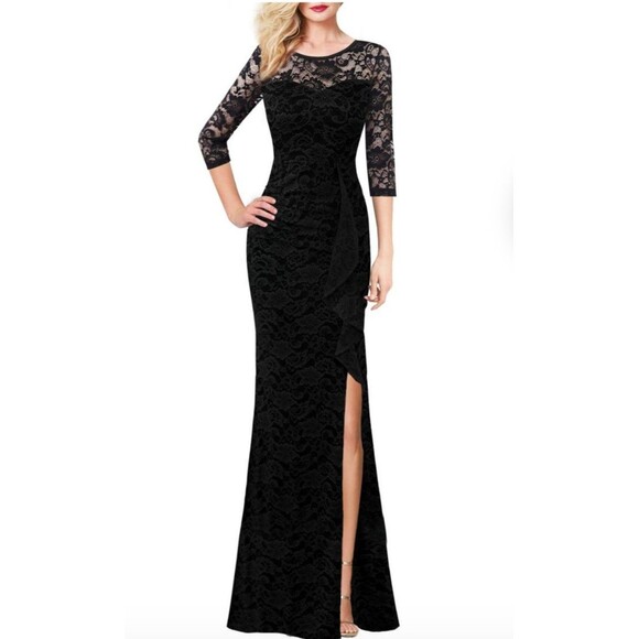 NWT VFSHOW Women's Formal Ruched Ruffles Lace Long Dress Adjustable Slit Size S - Picture 1 of 13